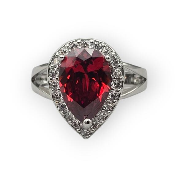 Red Pear-Cut Stone – Sterling Silver 925 – Halo Statement Ring – Size 7.5 - Picture 1 of 10